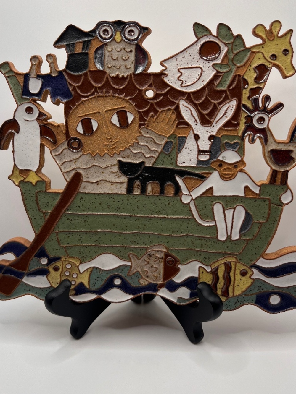 St Andrew’s Abbey Noah’s Ark Ceramic Wall Plaque Handmade Folk Art Animals.